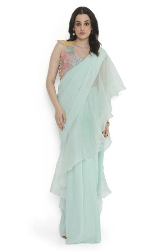 Aqua Georgette 3D Flower Embroidered Choli And Georgette Pre-Stitched Saree With Organza Frill
